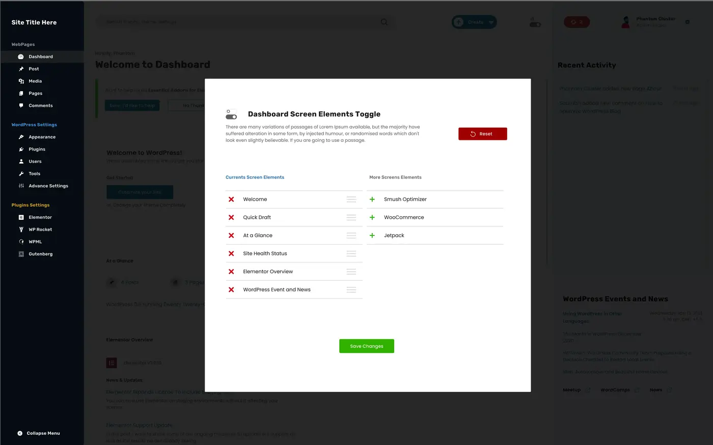 Dashboard Screen Elements Toggle