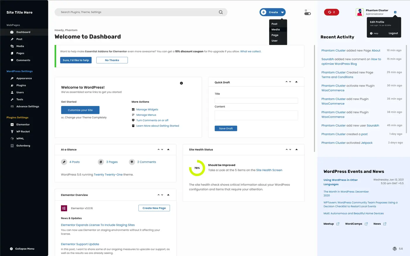 Redesigned WordPress Dashboard