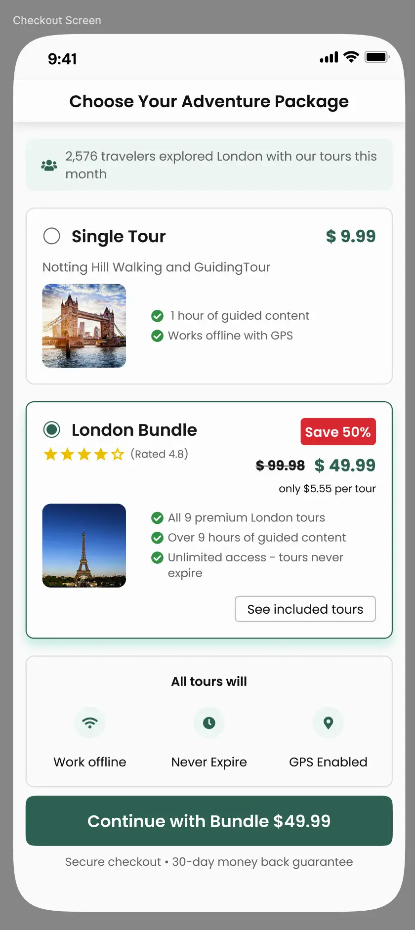 Purchase flow — checkout screen