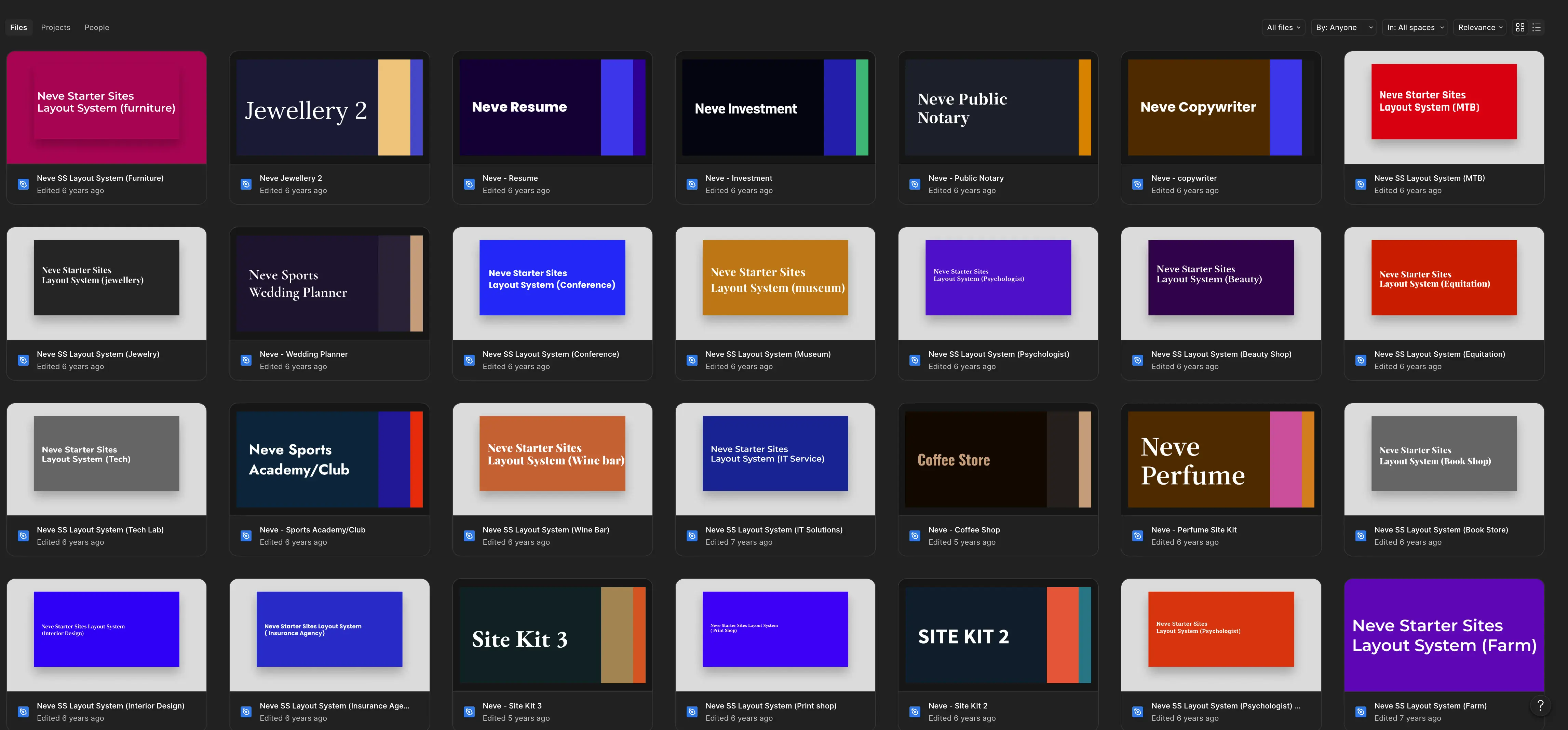 Figma workspace showing all starter template drafts